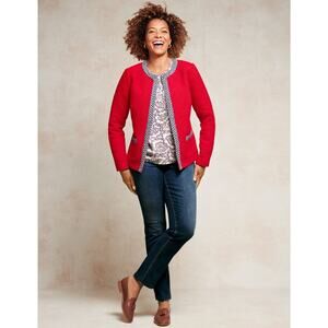 Talbots Jacket Red Tweed Tipped Lined Blue Trim Size 16 Cotton Blend Blazer